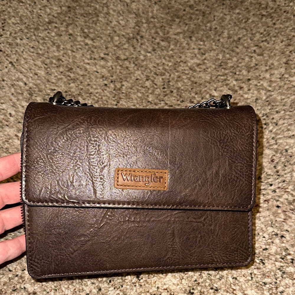 Wrangler Dark Brown Leather Flap Crossbody with Chain Strap